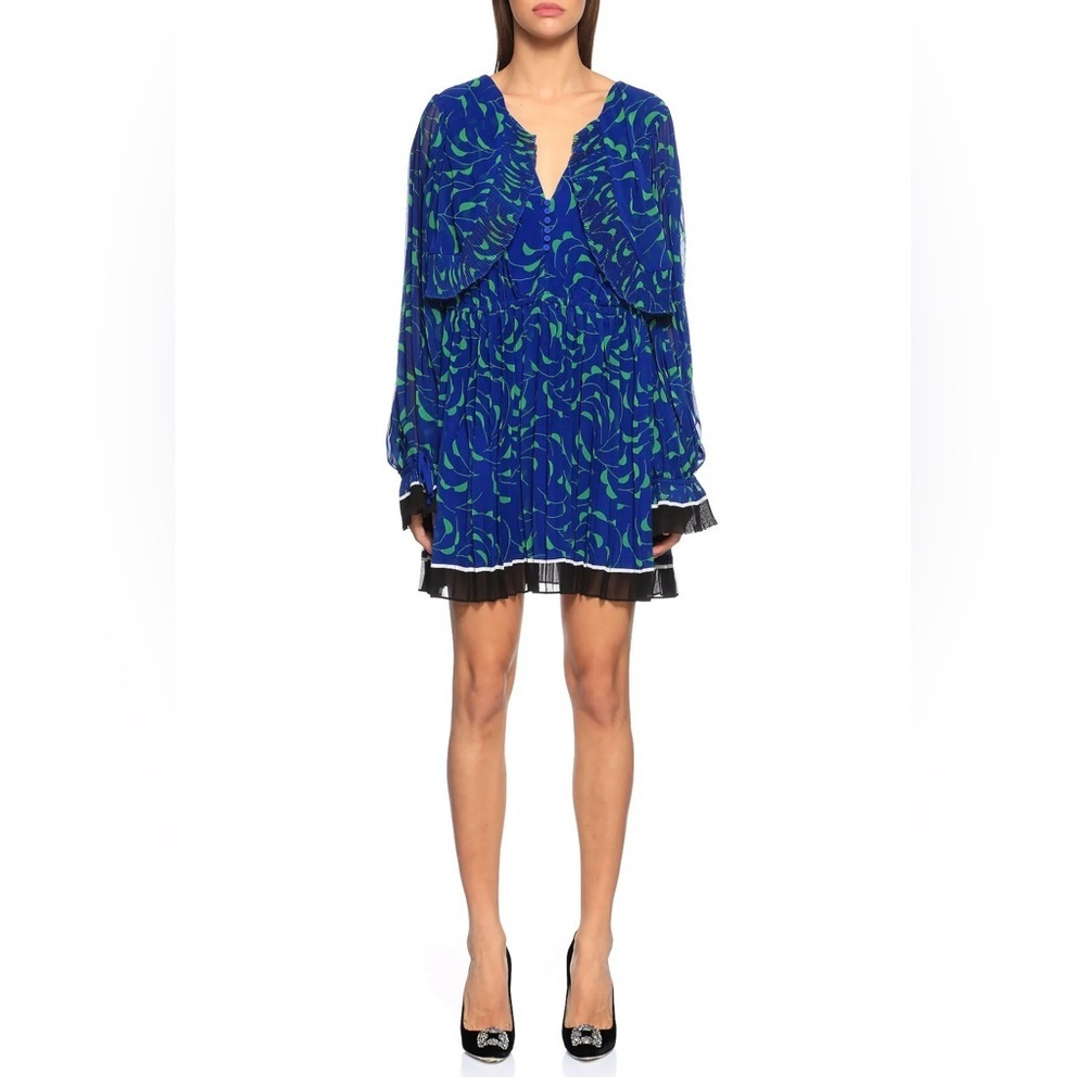 Self-Portrait Blue Green Leaf Pleated Chiffon Mini Dress US 2 UK 6 SP20-042SG